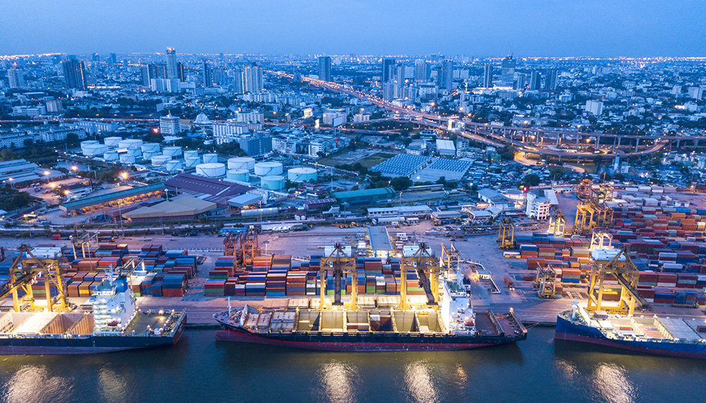 Container Cargo Freight Ship With Working Crane Loading Bridge I